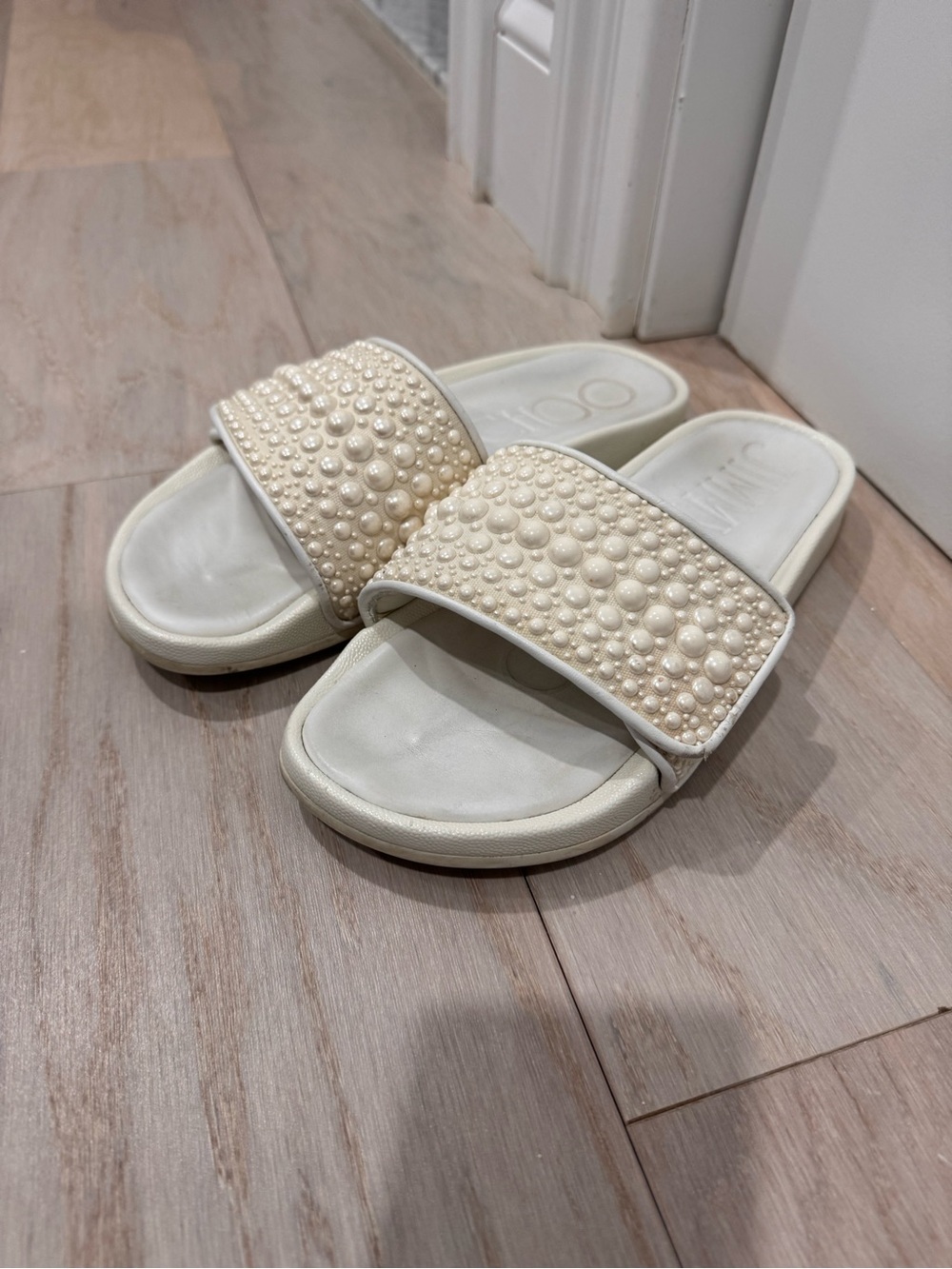 Jimmy Choo Pearl-Embellished Cream Pool Slide Sandals - Picture 2 of 6